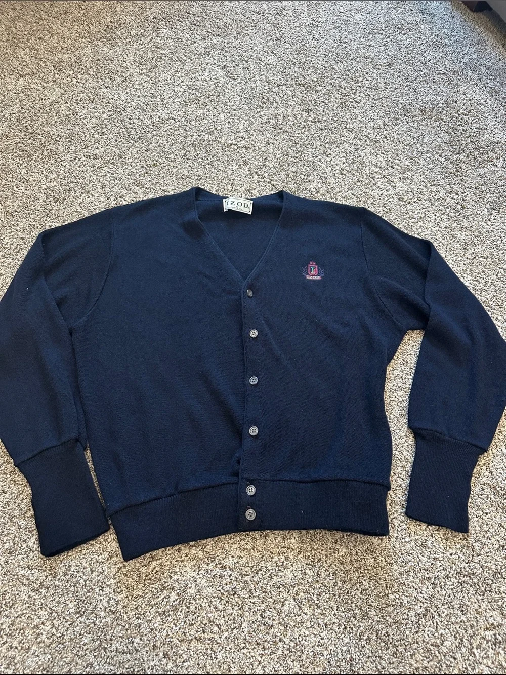 Vintage IZOD Cardigan Made in USA Navy Preppy Crest Button Front Sweater